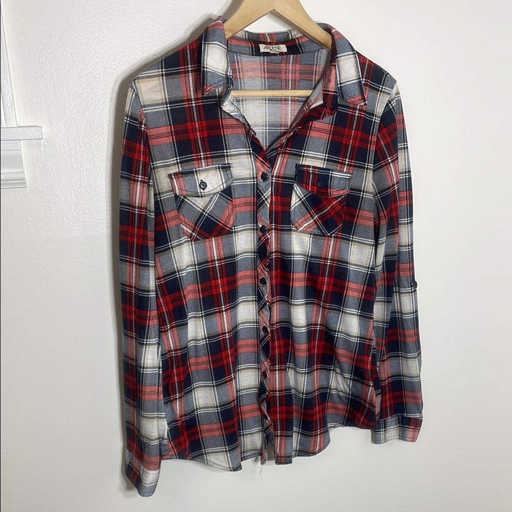 Plaid Flannel Shirt - Red, Blue, White - Stretchy
